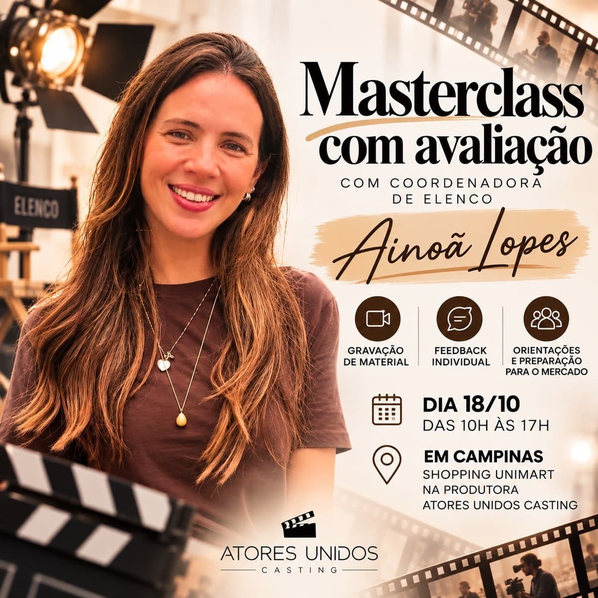 Masterclass com avaliação com a coordenadora de elenco Ainoã Lopes — 18/10, das 10h às 17h, Shopping Unimart, Campinas